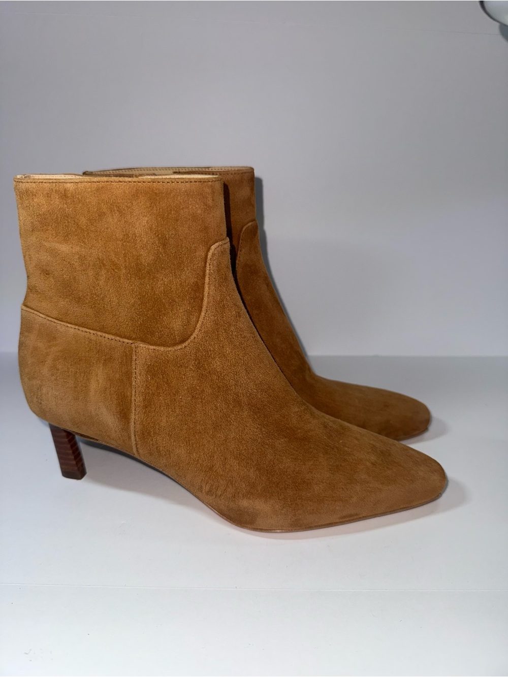 Veronica Beard Tan Suede Ankle Boots with Low Stacked Heel